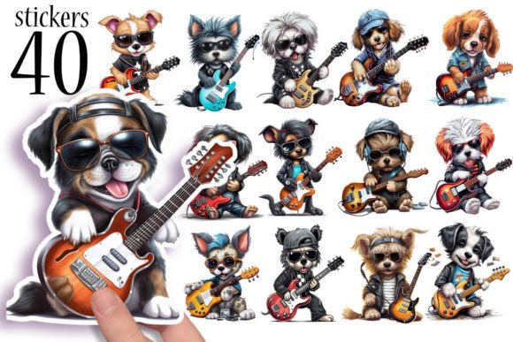 Download Cute Dogs Playing Guitar Music Stickers - Guitar Collection